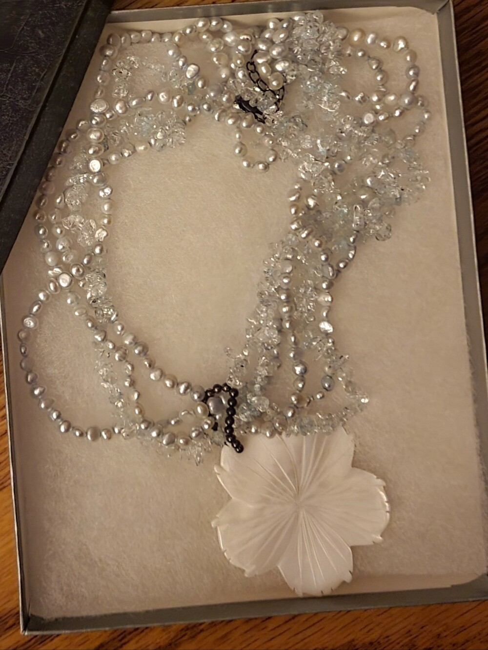 Pearl and Crystal Strand Necklace with Carved White Flower Pendant